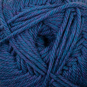 A close-up of a ball of twisted yarn in a heathered periwinkle blue and purple colorway.