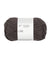Ball of dark gray yarn with a white label on a white background