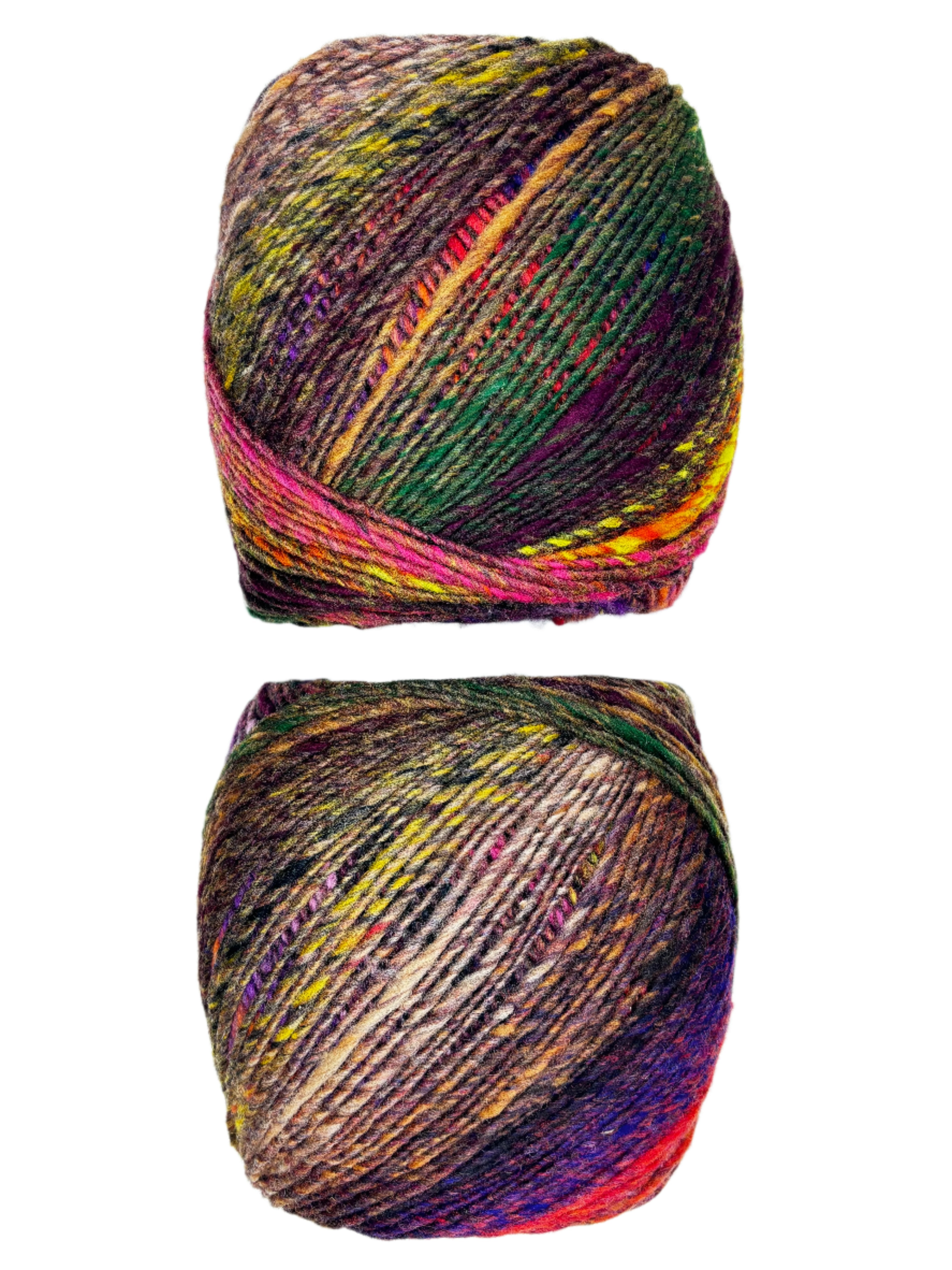 purple green yellow black  ball of yarn 