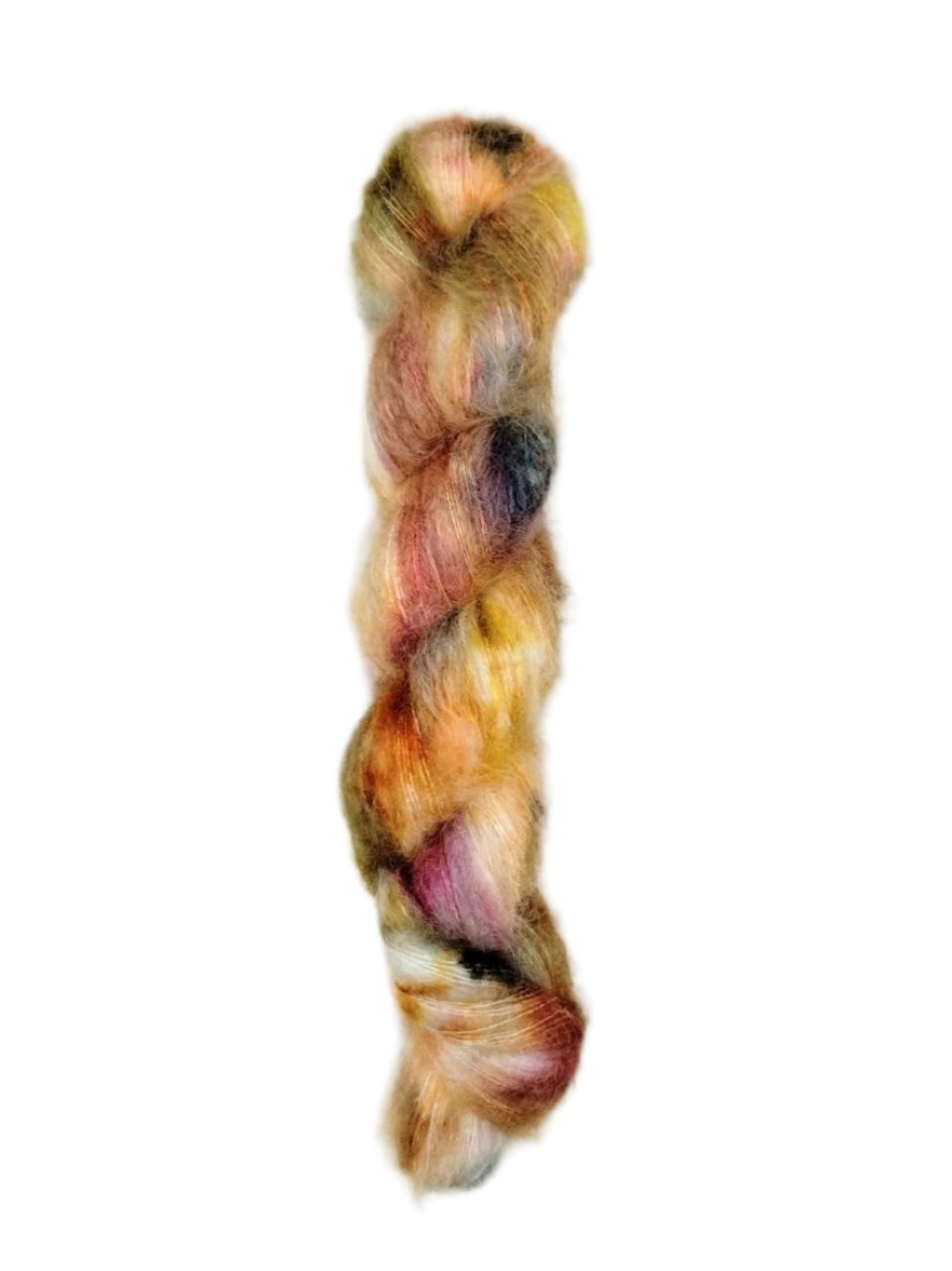 Skein of superkid mohair silk lace weight yarn color pink blue brown