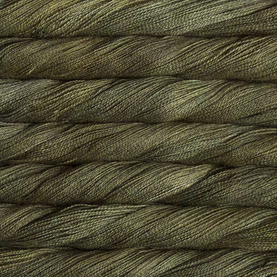 A close-up texture shot of twisted yarn or thread in a muted olive green color, filling the entire frame.