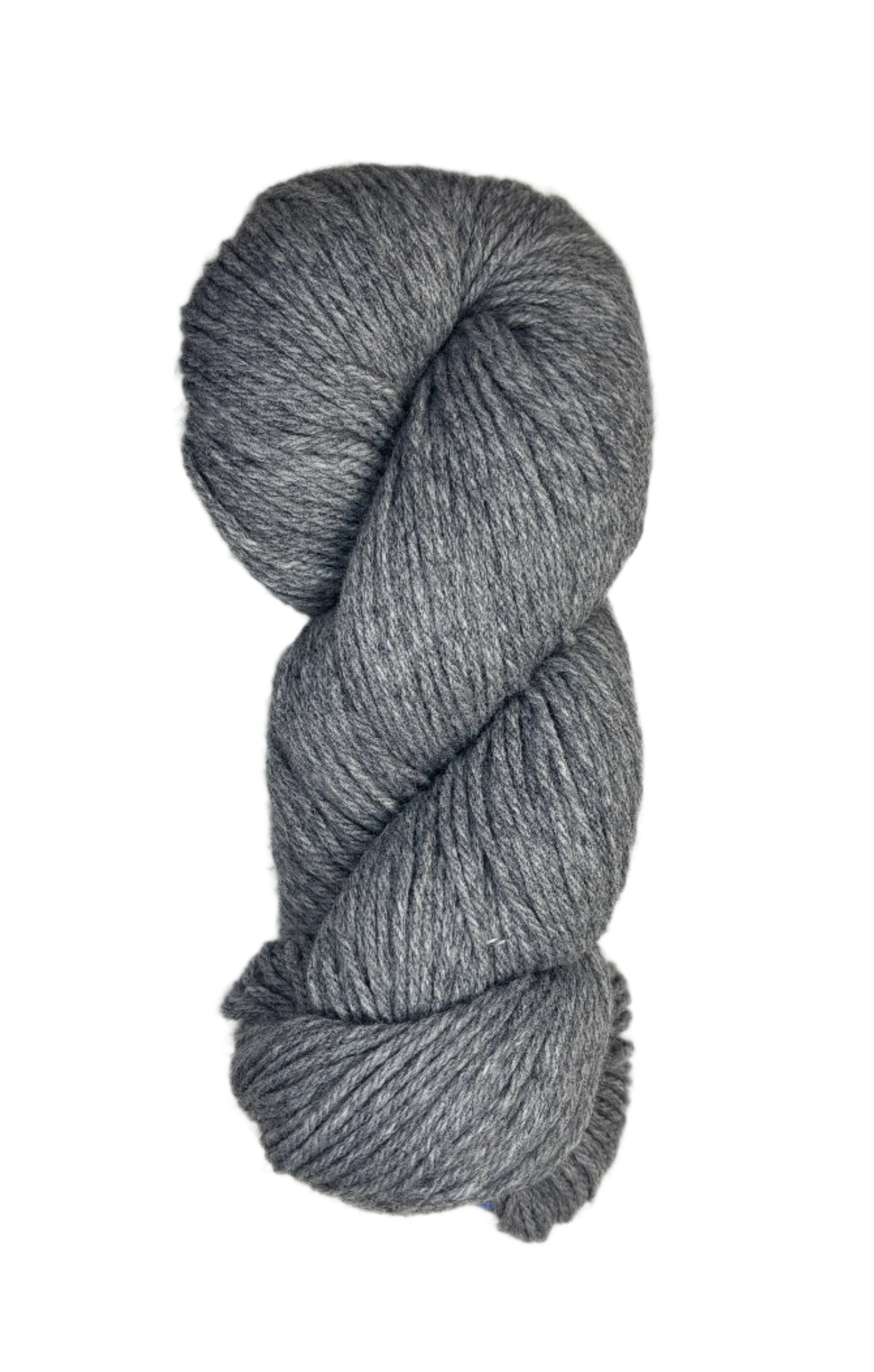 A skein of Berroco Vintage Wool Yarn in the color smoke grey
