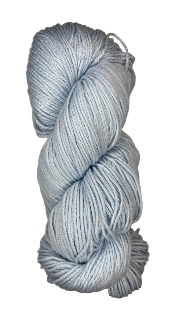 A skein of Berroco Vintage Worsted yarn color misty blue