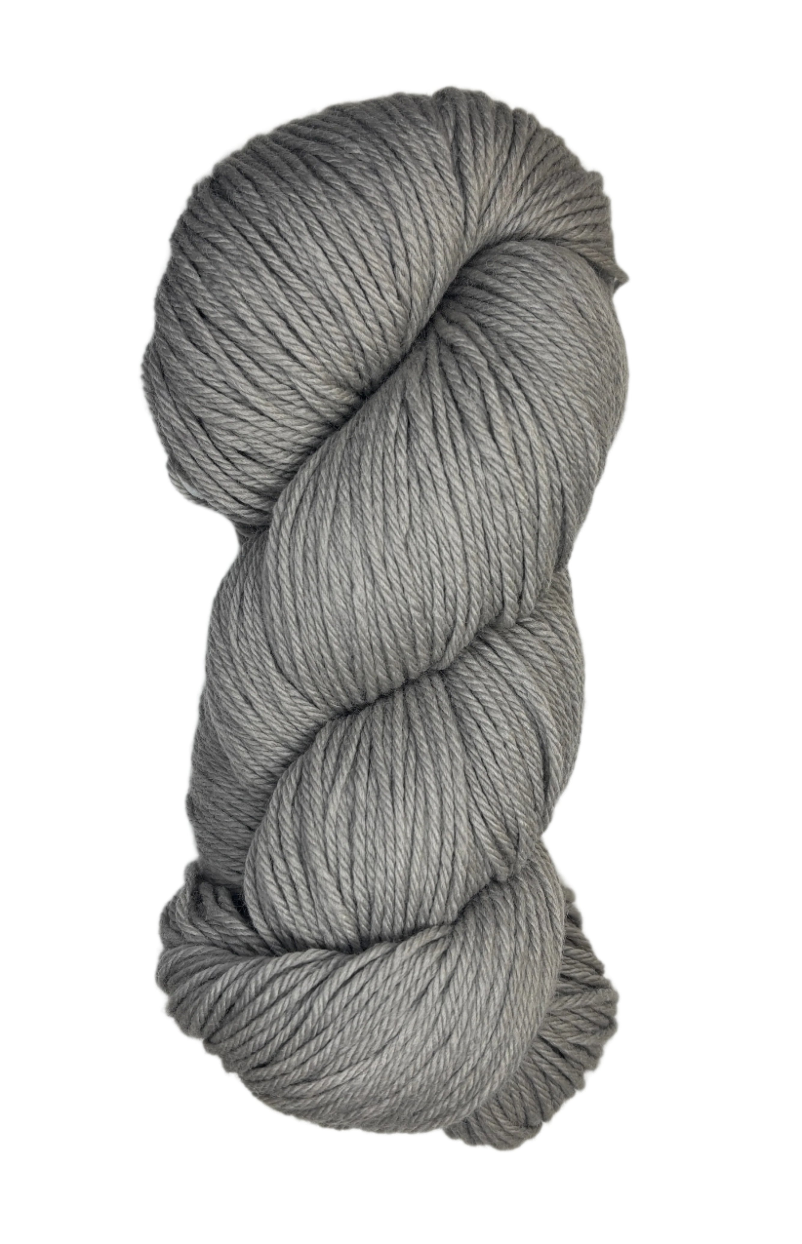A skein of Berroco Vintage Wool Yarn in the color light dove grey