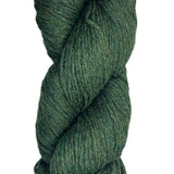 A skein of Berroco Vintage Wool Yarn in the color heathered dark forest green with light green flecks
