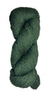 A skein of Berroco Vintage Wool Yarn in the color heathered dark forest green with light green flecks