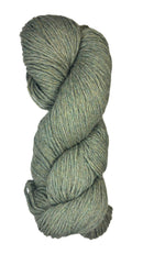 A skein of Berroco Vintage Worsted yarn color Okra green with blue and yellow marl