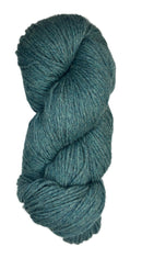 A skein of Berroco Vintage Wool Yarn in the color heathered teal with green