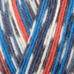 Close up of self striping yarn color red white blue black