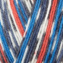 Close up of self striping yarn color red white blue black