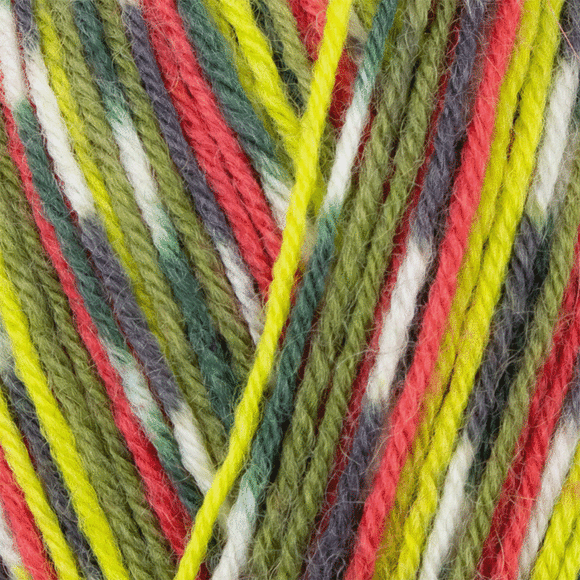 Close up of self striping yarn color red green white yellow