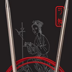 ChiaoGoo lace knitting needles packaging with illustration and text on a black background