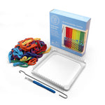 Weaving kit with colorful threads, loom, and tools on a white background