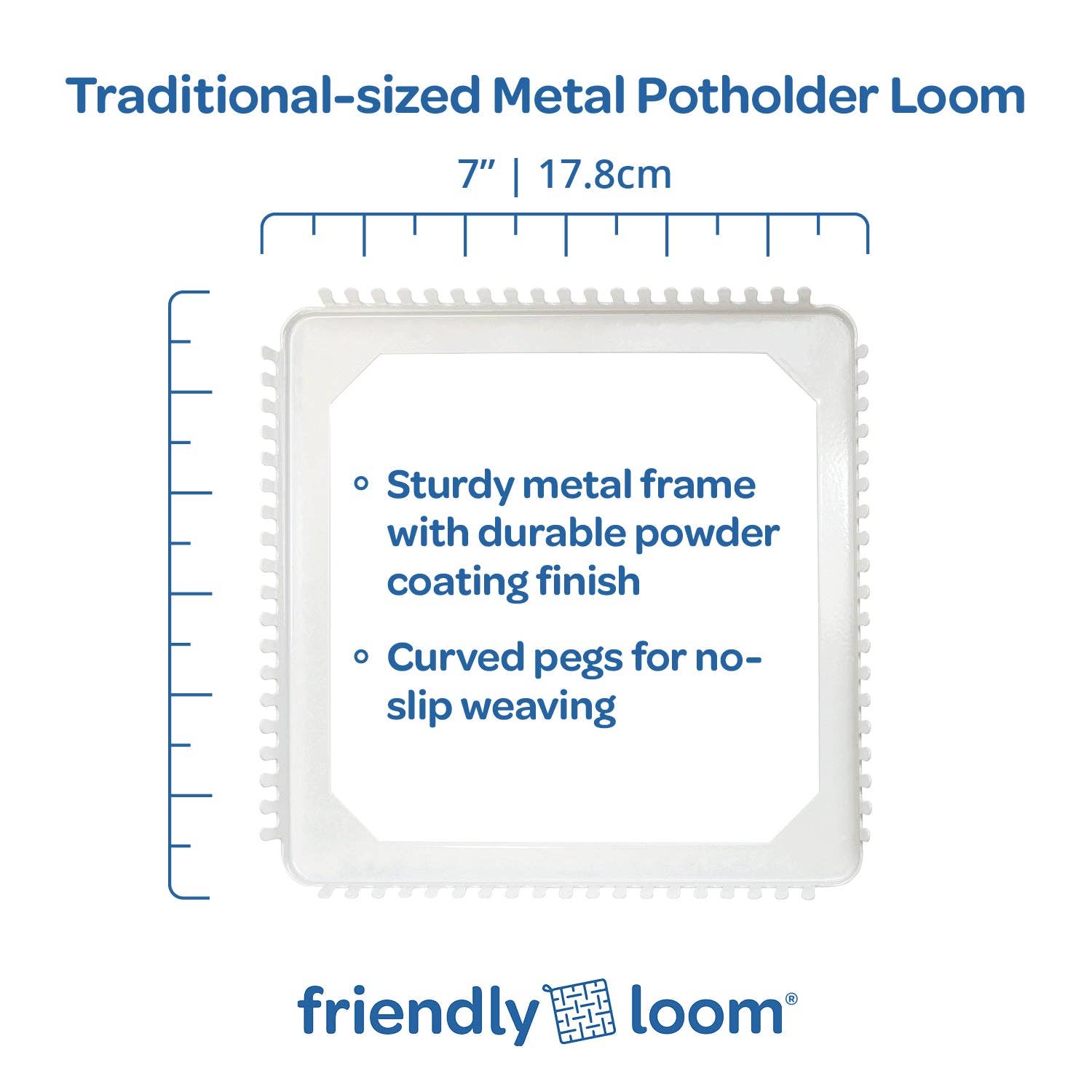 Traditional-sized metal potholder loom with measurement scale and features listed, branded as 'friendly loom'.