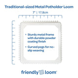 Traditional-sized metal potholder loom with measurement scale and features listed, branded as 'friendly loom'.
