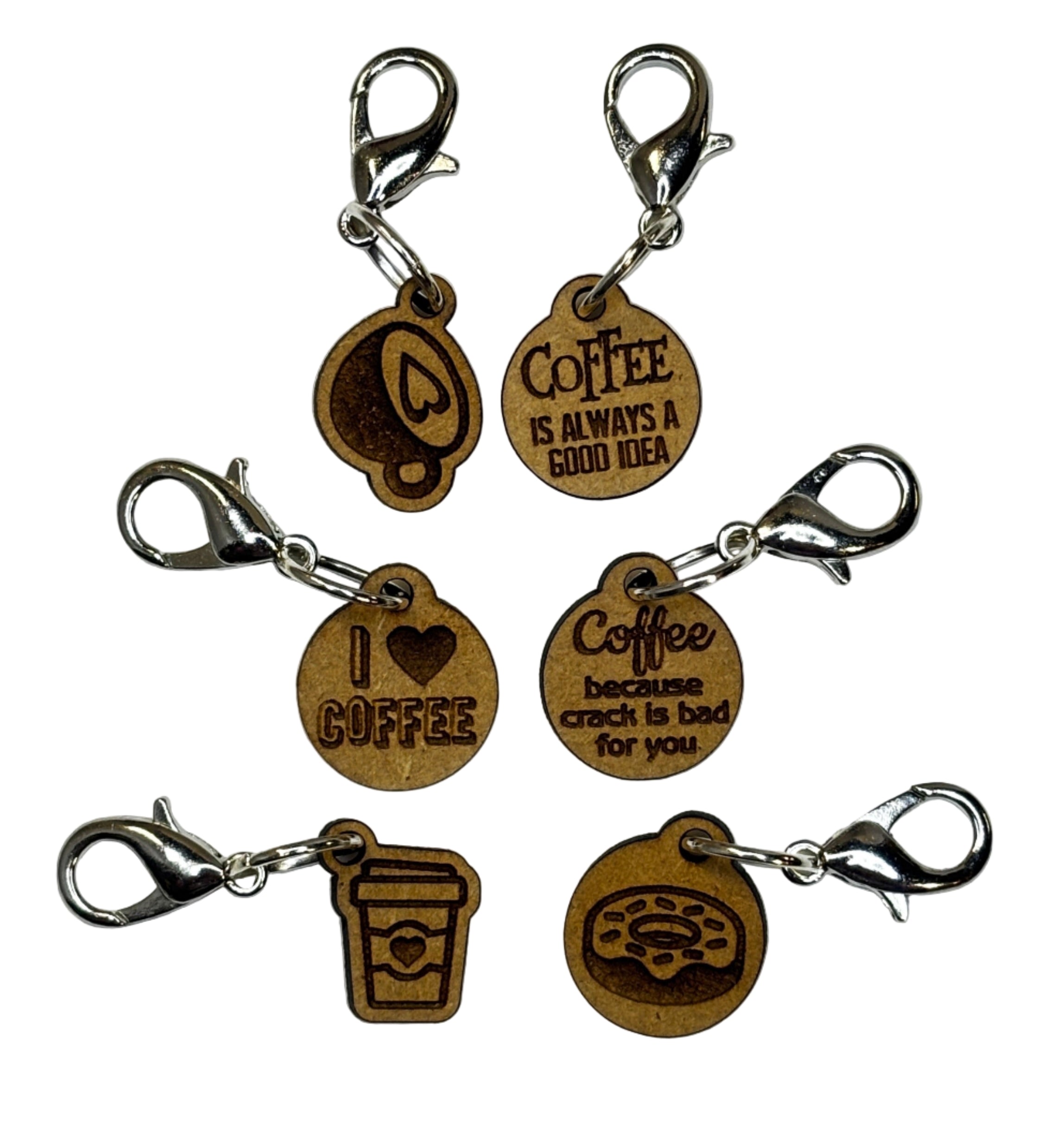 Wooden stitch markers with engraved detail of coffee related things