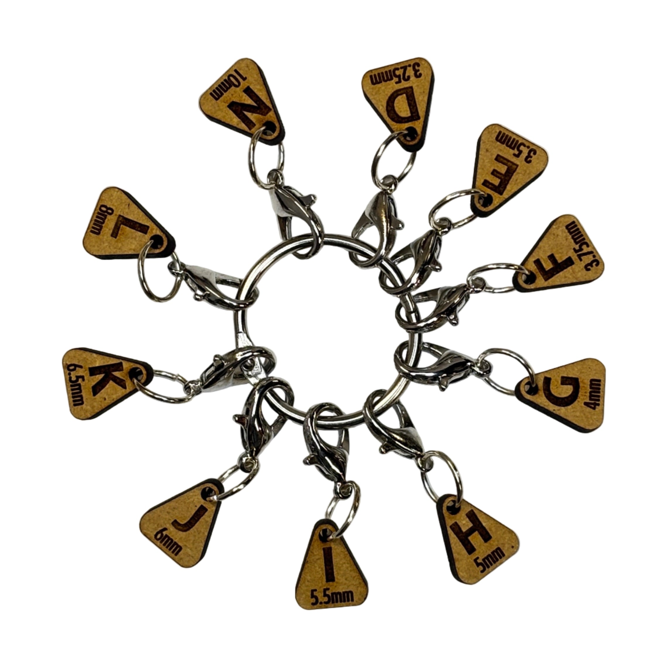 Wooden stitch markers with engraved detail of hook sizes 