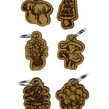 Wooden stitch markers with engraved detail of mushrooms