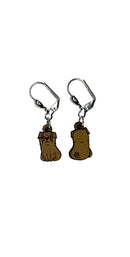 Wooden stitch markers with engraved detail of a pug facing front and back