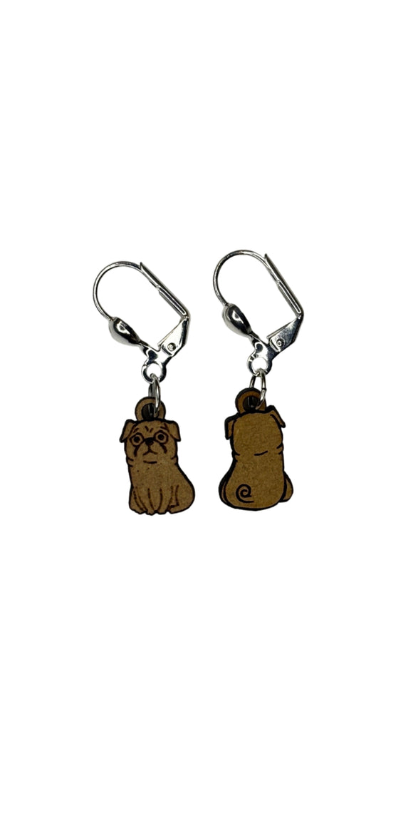 Wooden stitch markers with engraved detail of a pug facing front and back