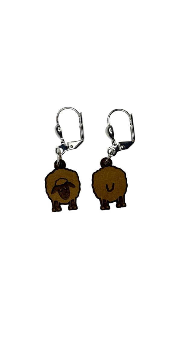 Wooden stitch markers with engraved detail of a sheep facing front and back