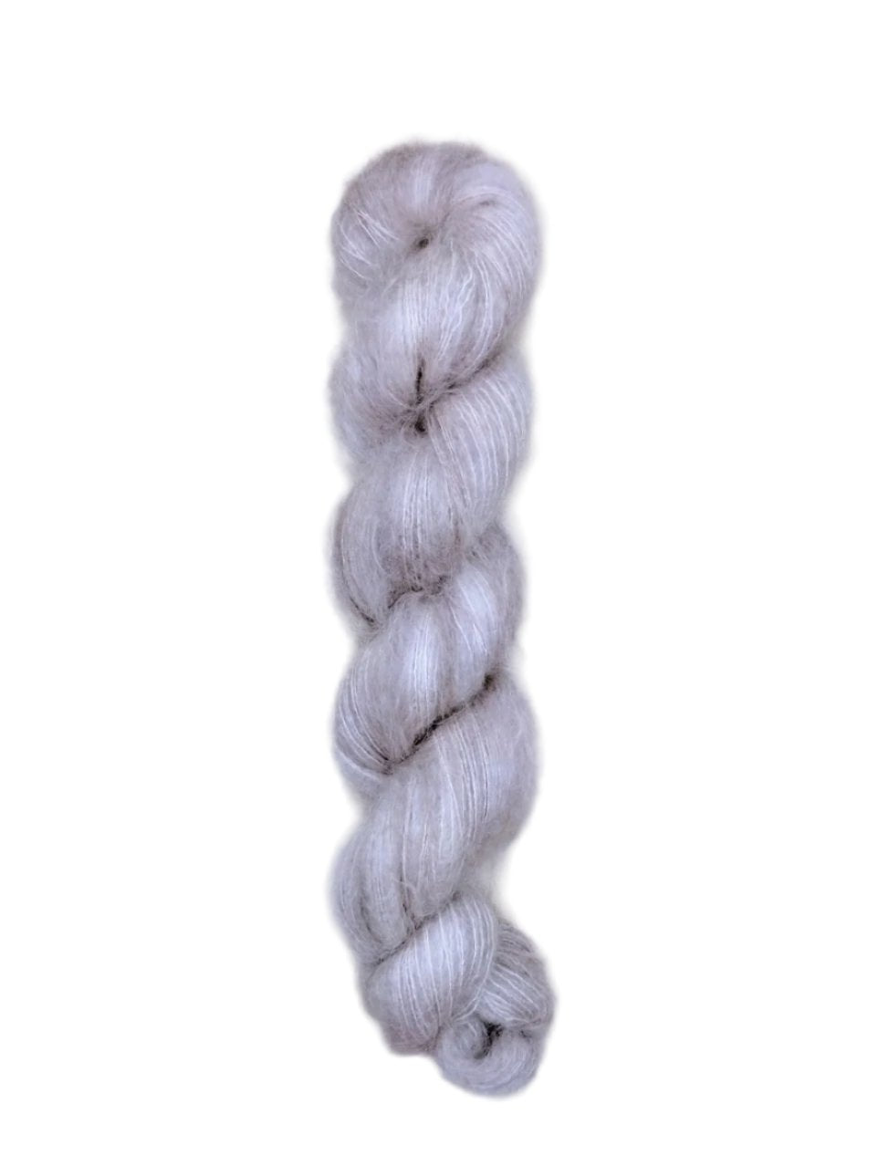 Skein of superkid mohair silk lace weight yarn color grey white