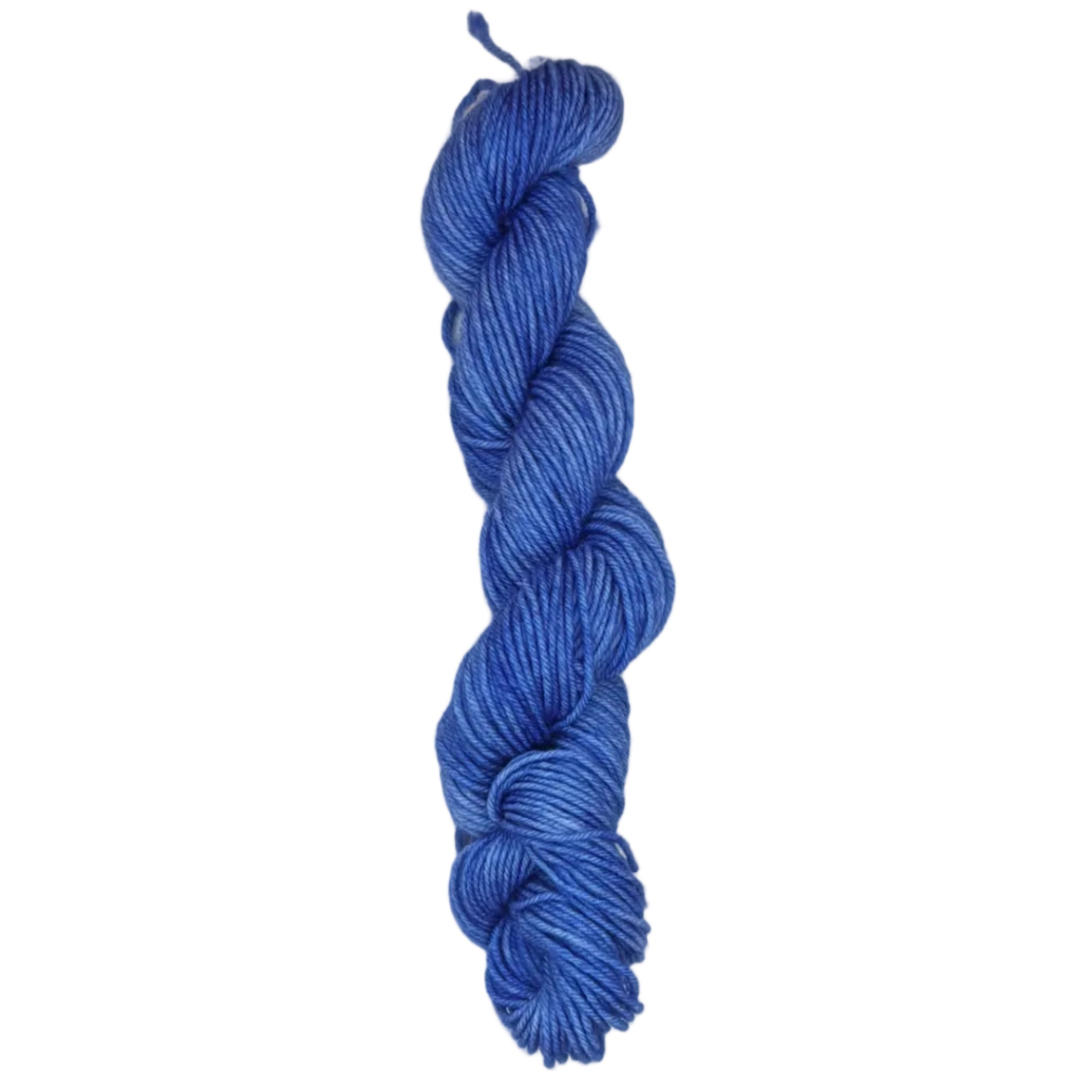 A skein of blue yarn on a white background