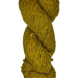 Ball of mustard yellow wool yarn on a white background