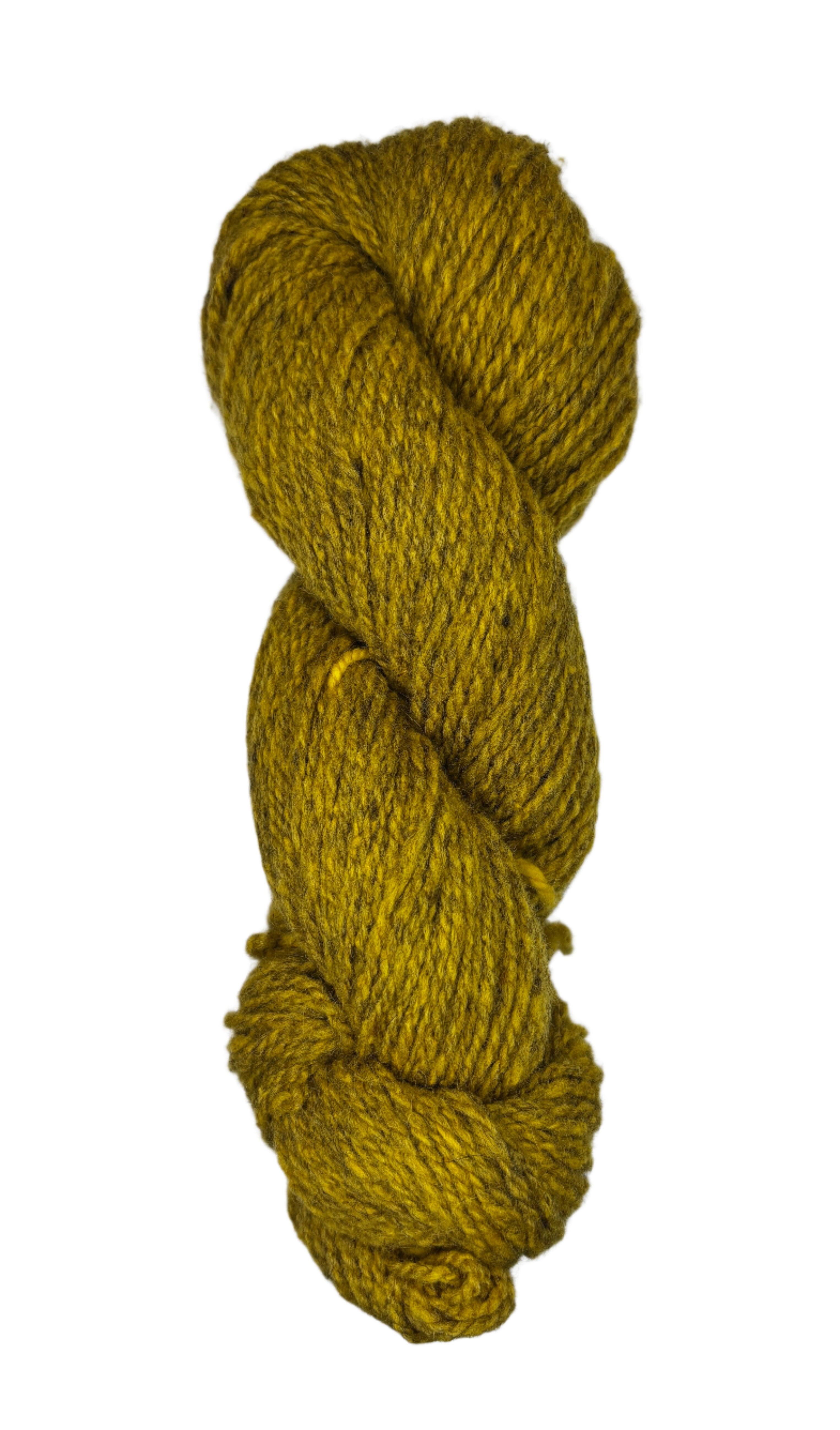 Ball of mustard yellow wool yarn on a white background