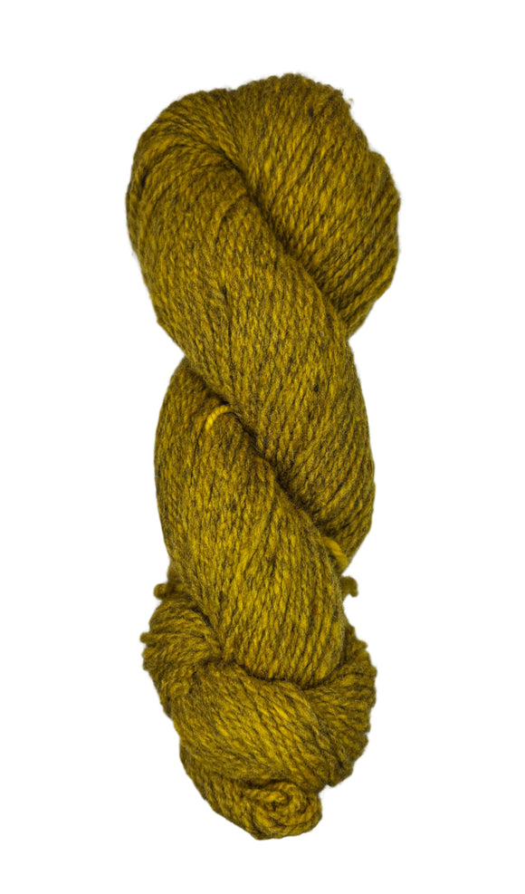 Ball of mustard yellow wool yarn on a white background