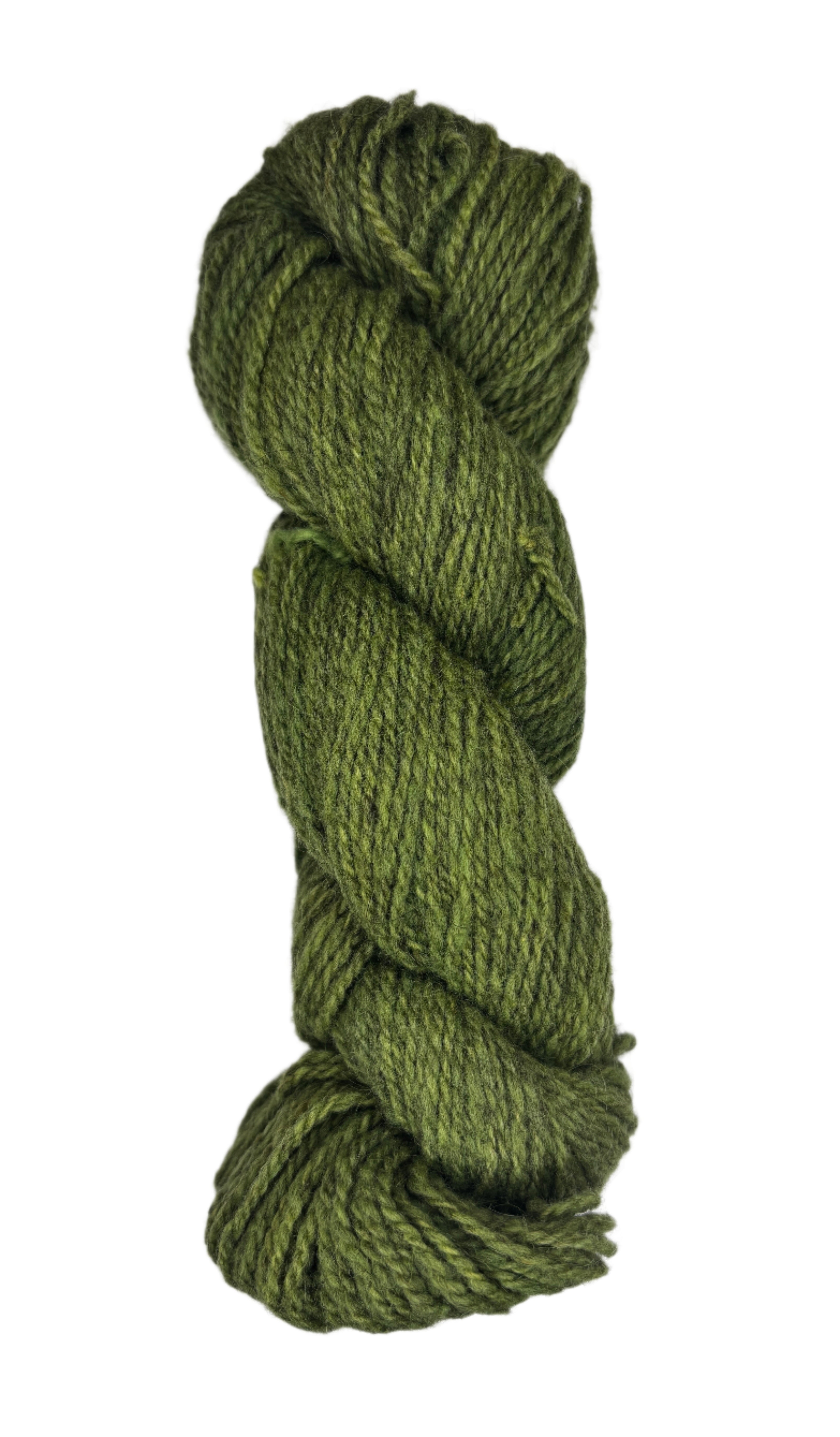 Green skein of wool yarn on a white background