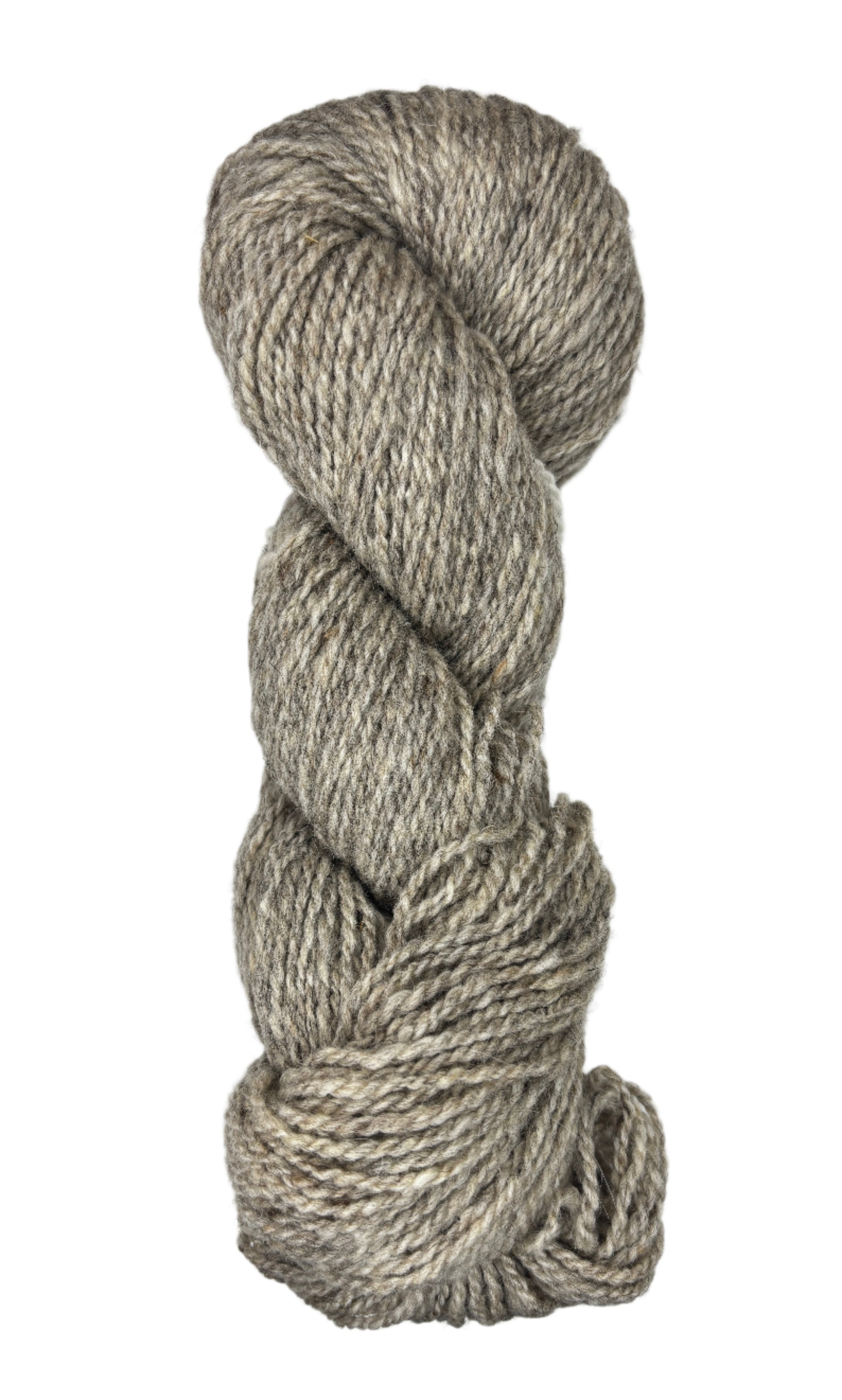 Coiled skein of gray wool yarn on a white background