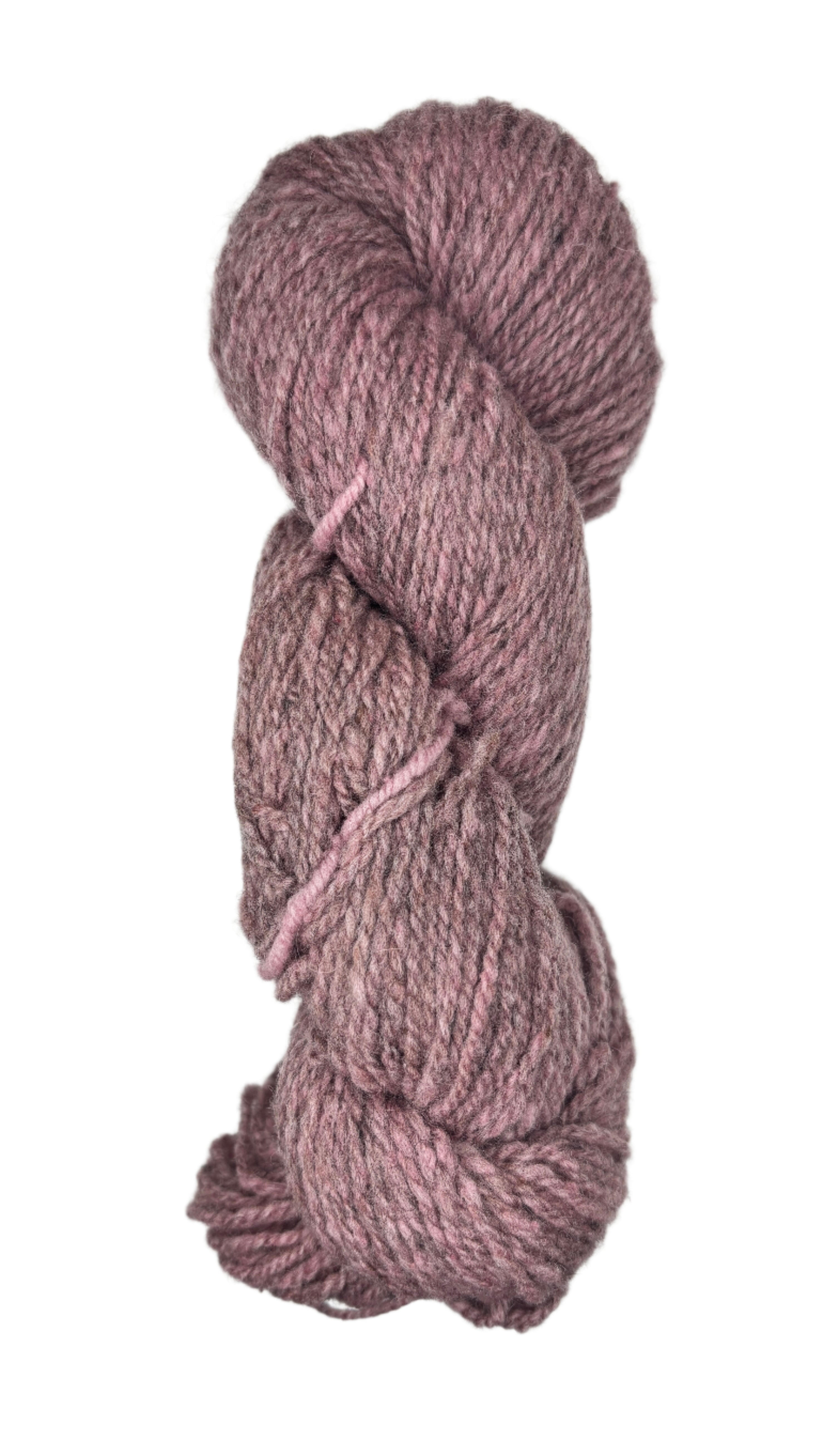 Coiled skein of pink yarn on a white background