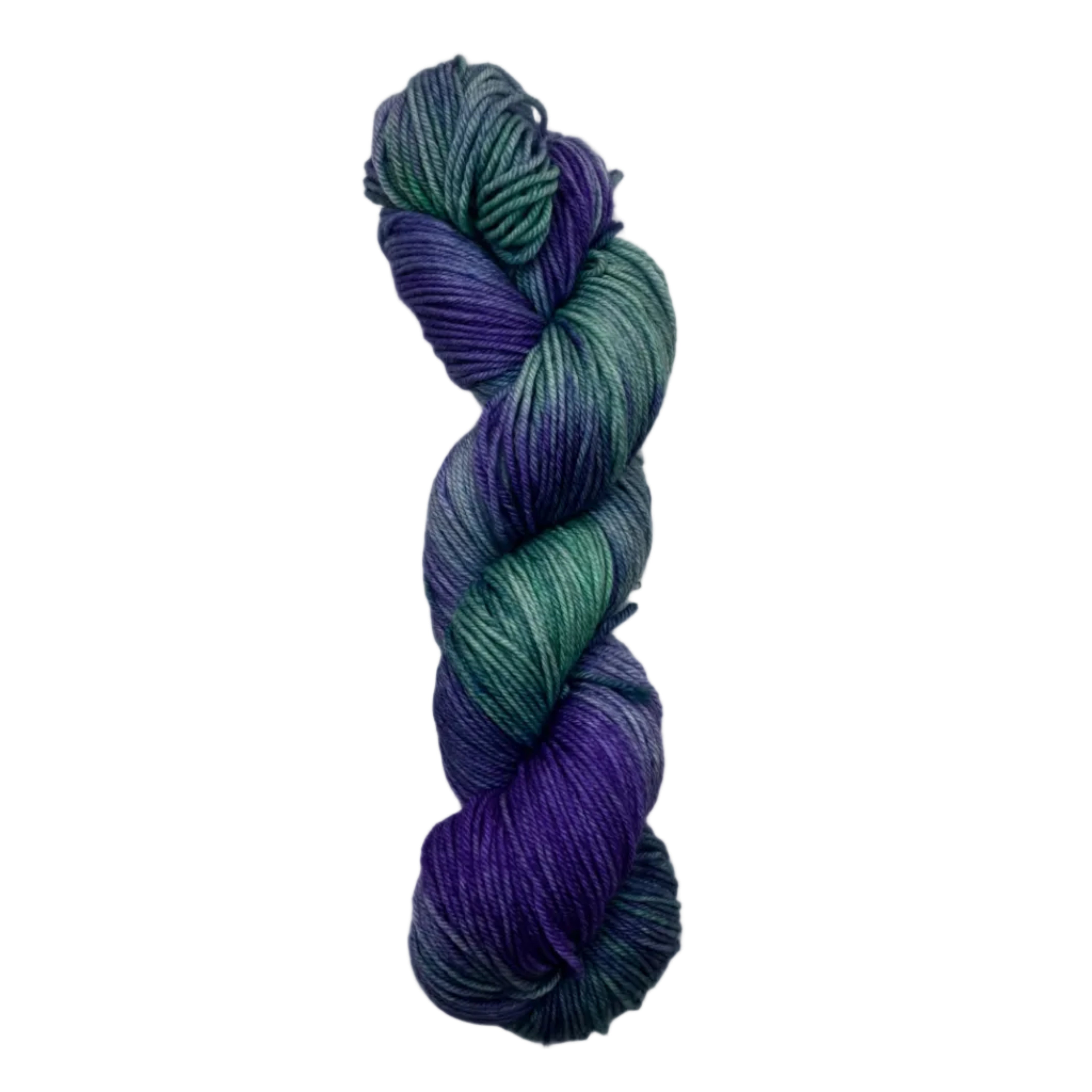Braided skein of blue and green yarn on a white background