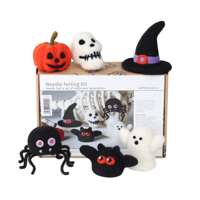 Ashford Needle Felting Halloween Kit; Pumpkin, Skull, Witches Hat, Spider, Bat and Ghost
