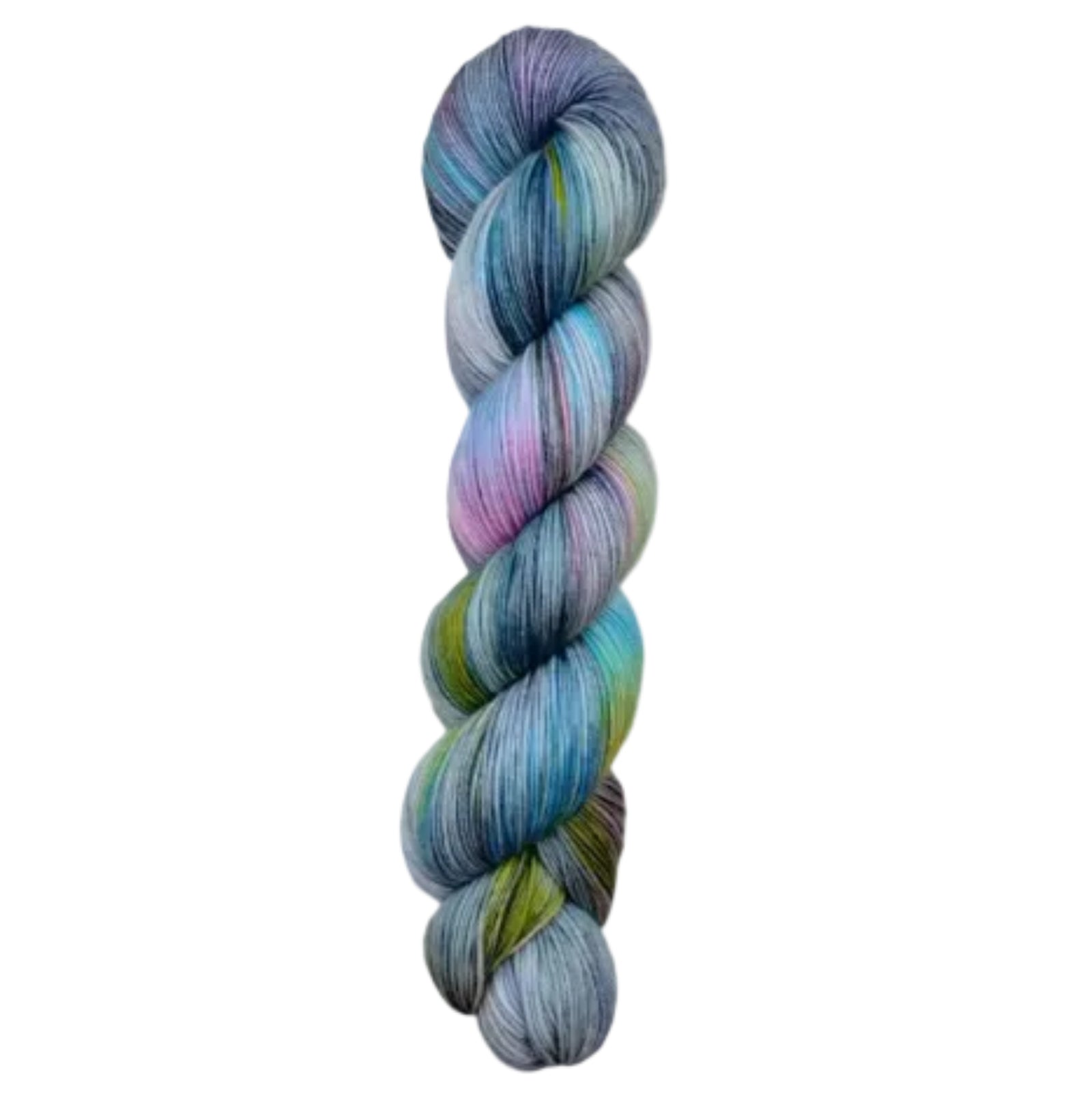 A skein of hand-dyed fingering/sock yarn color grey blue pink green black