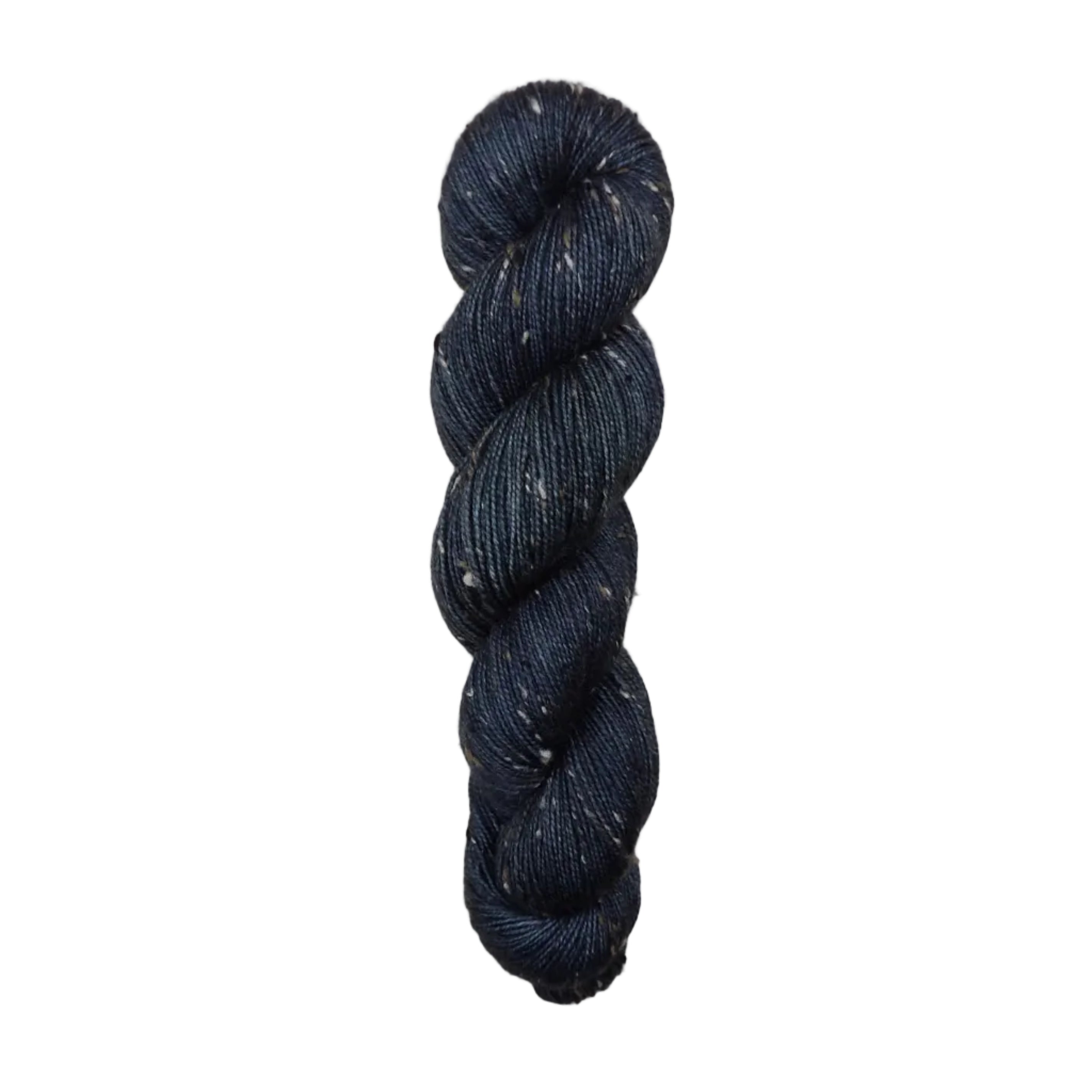 Dark black skein of yarn with white specks on a white background