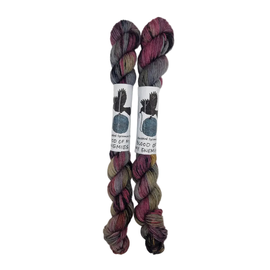 Blackbird Sycamore Fingering Mini Skein Yarn Color pink grey tan black 