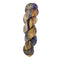 A skein of hand-dyed fingering/sock yarn color grey tan brown navy black speckles