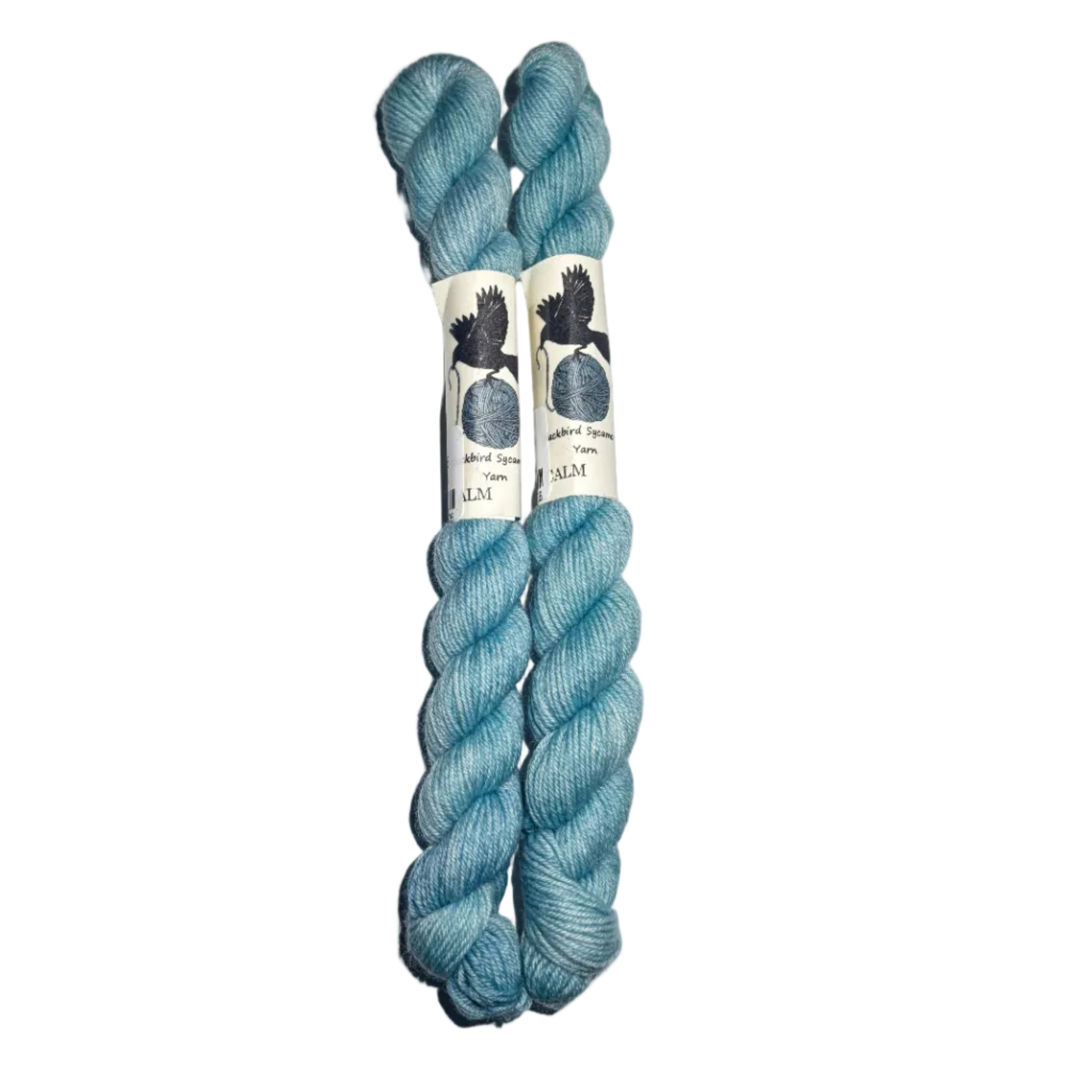 Two skeins of blue yarn with labels on a white background
