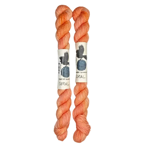 Two mini skeins of wool yarn hand dyed in Wyoming in the color coral