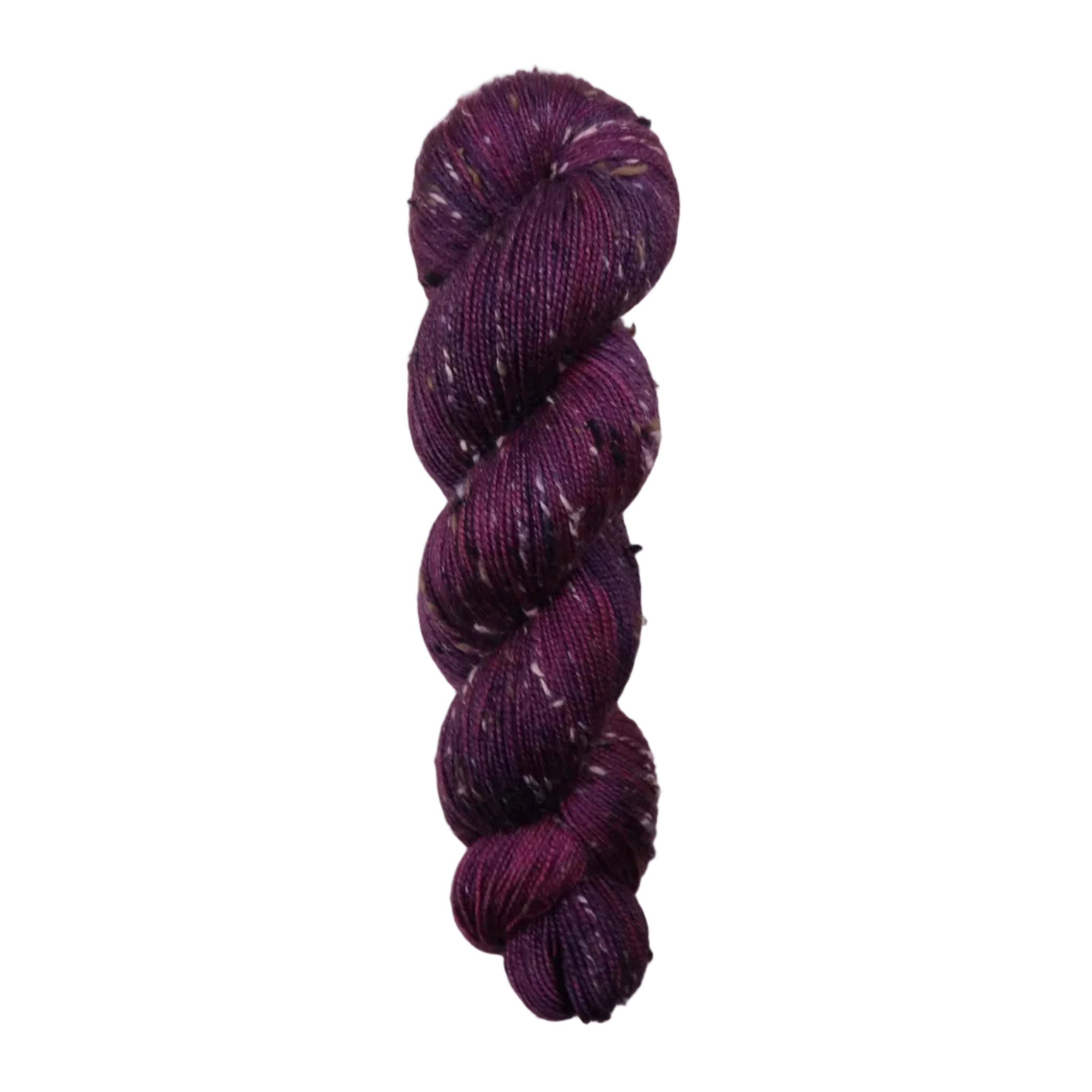 Purple skein of yarn with black and white specks on a white background