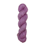 Purple pink skein of yarn with black and white specks on a white background