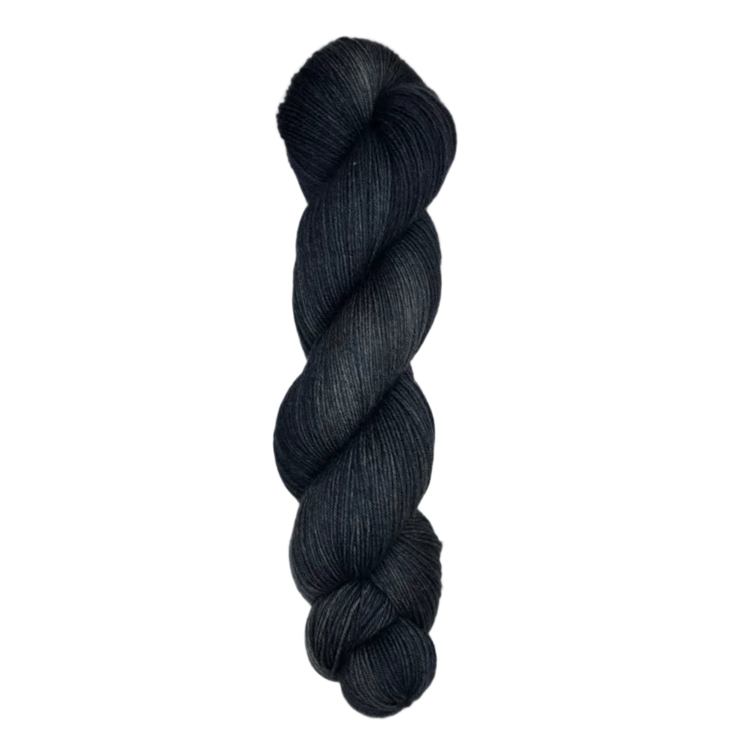 Skein of hand dyed fingering weight yarn in the color black
