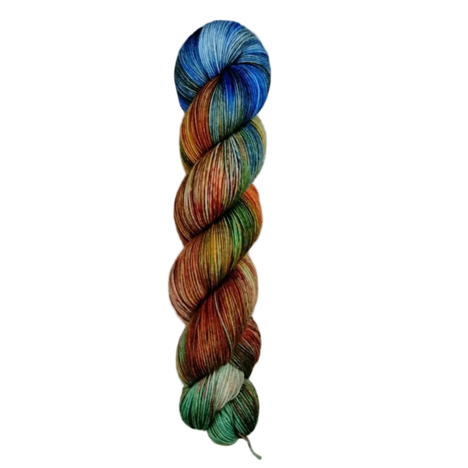Multicolored skein of yarn on a light wooden surface