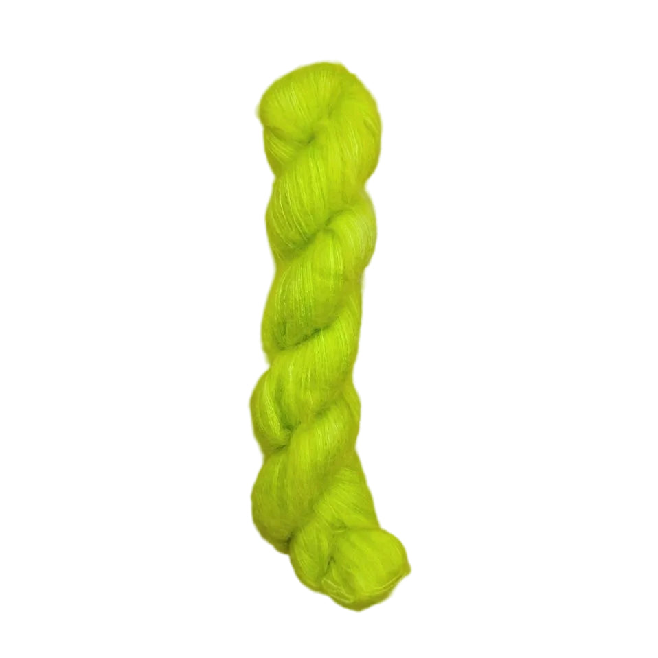 A bright neon yellow-green skein of twisted fuzzy yarn 