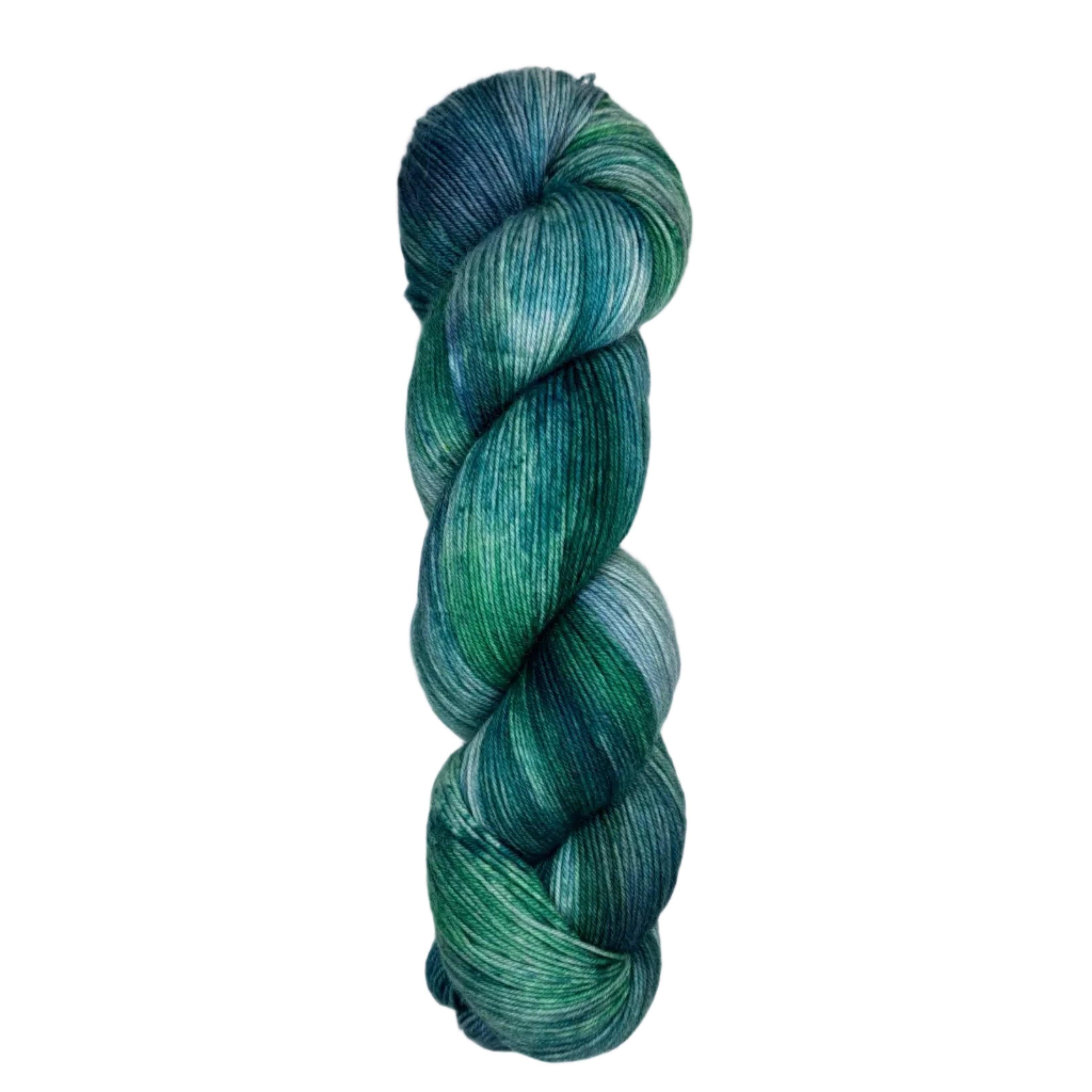 Skein of hand dyed fingering weight yarn in the color blue teal green 
