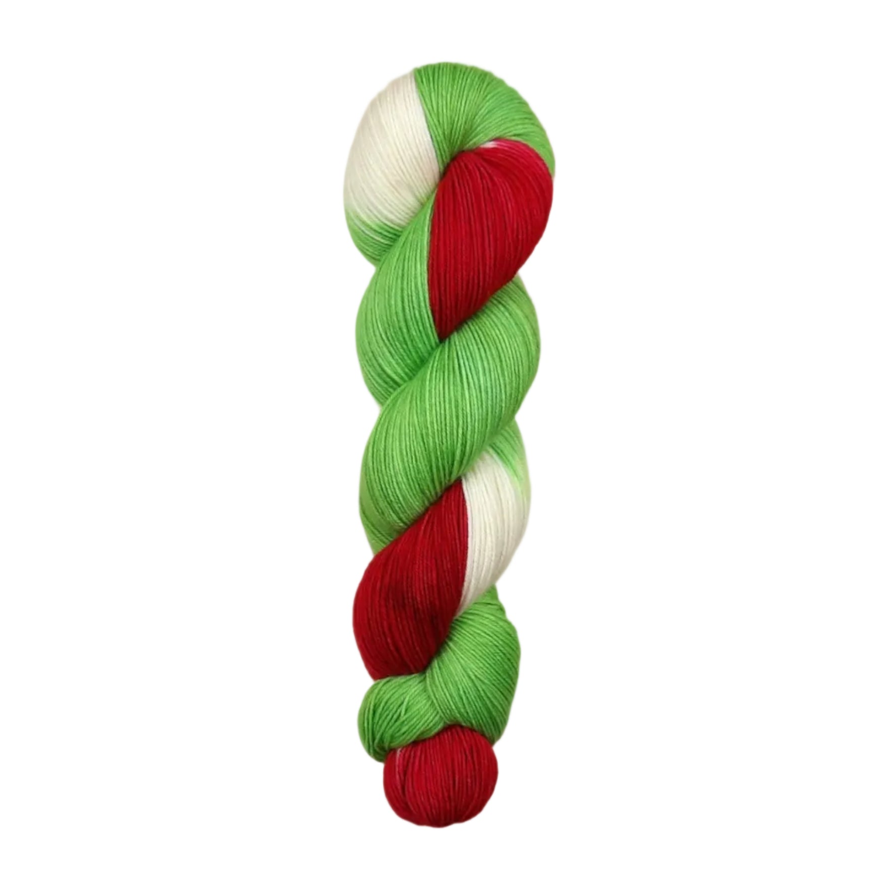 A skein of hand-dyed fingering/sock yarn color white red green