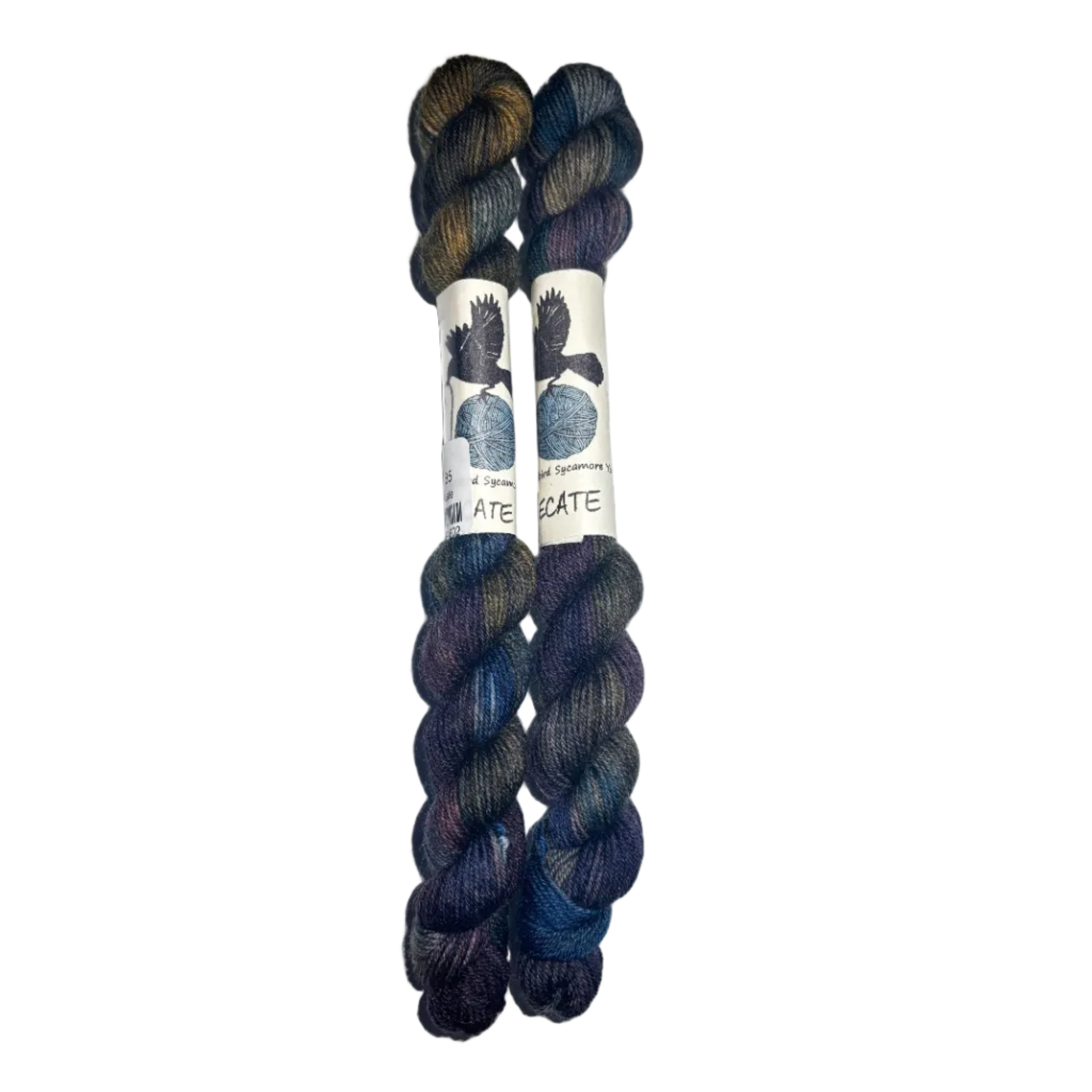 Two skeins of yarn in the colors brown grey blue purple on a white background