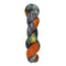 A skein of hand-dyed fingering/sock yarn color grey orange yellow dark green speckles